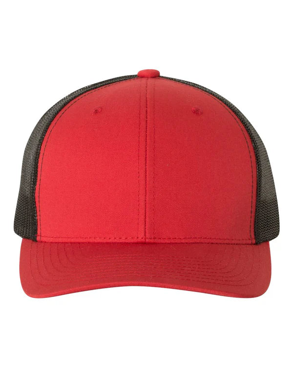 Yupoong_6606_red and black_hat_with_custom_leather_patch