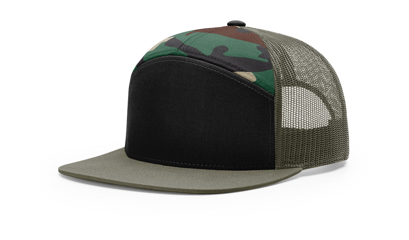 Richardson_168_tri black, green camo and loden_hat_with_custom_leather_patch