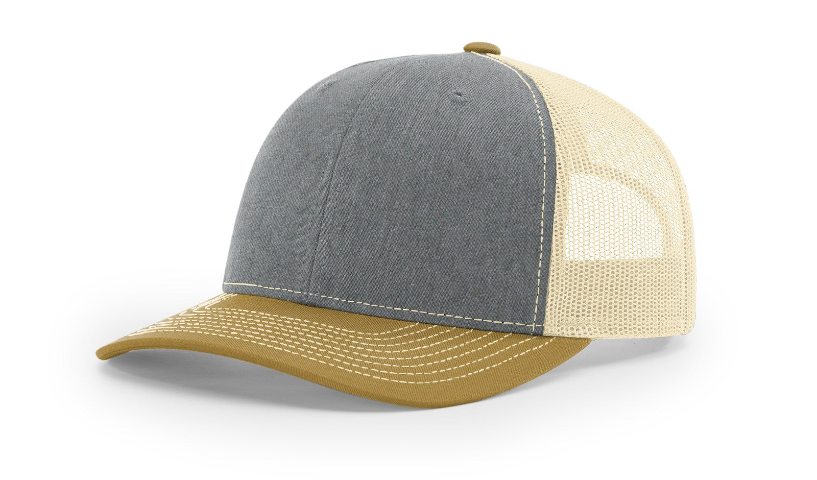 Richardson_112_tri heather gray, birch and amber gold_hat_with_custom_leather_patch